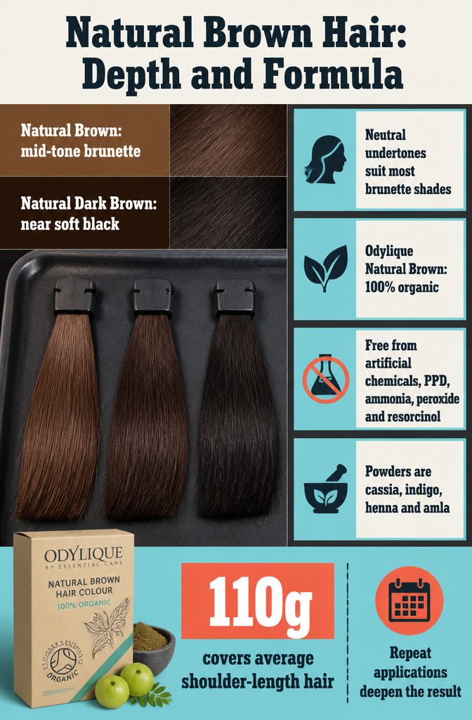 Beauty graphic comparing natural brown hair depths and plant dye ingredients