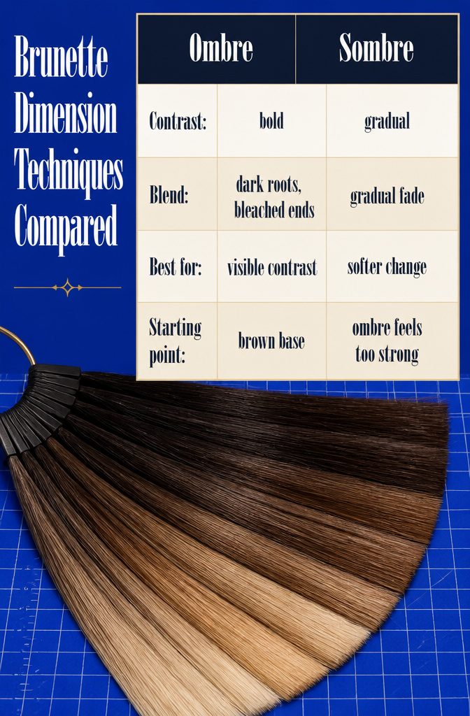 Beauty graphic comparing brunette ombre balayage highlights lowlights and colored ends