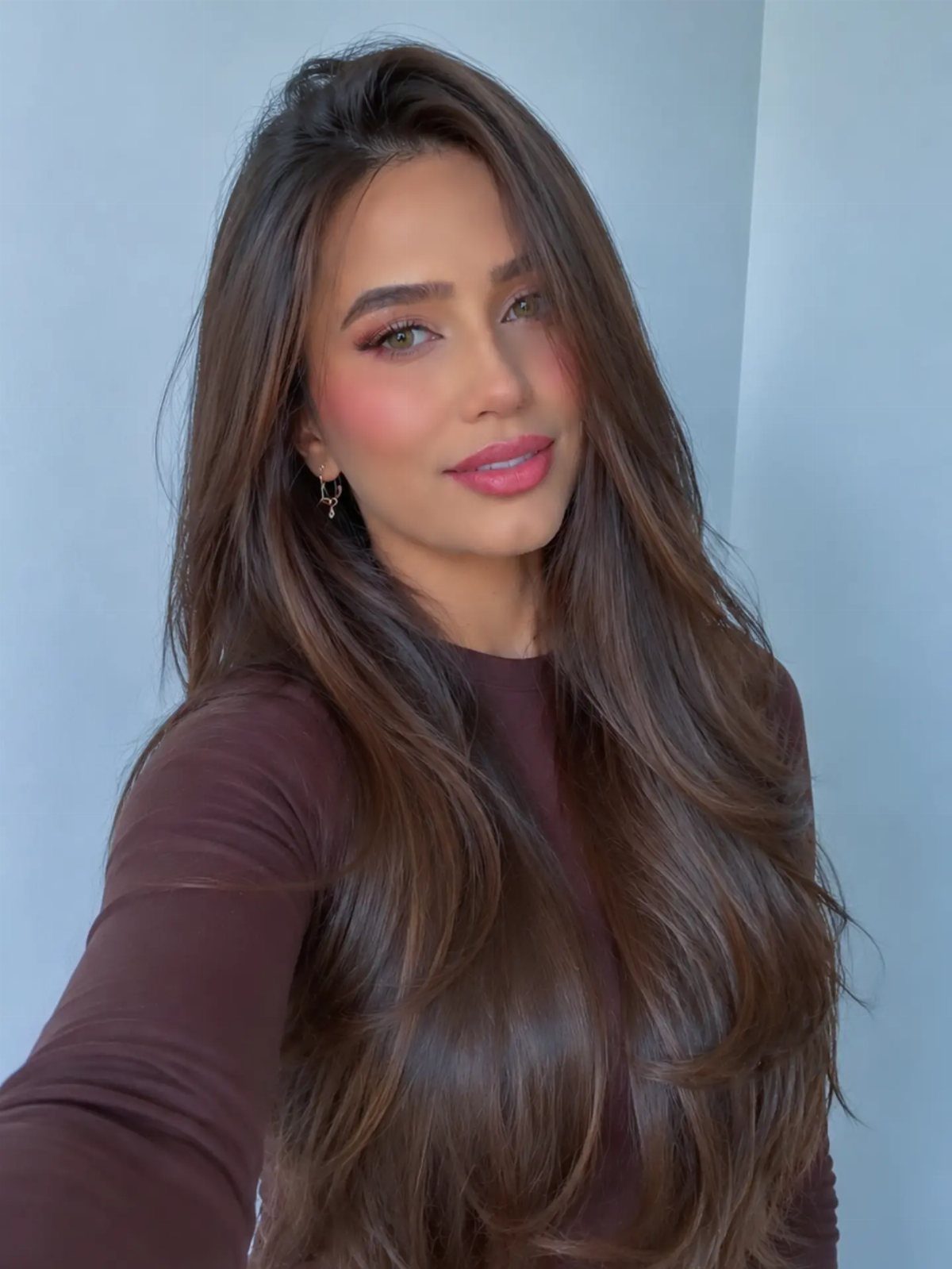 Woman with long brown hair showing subtle bronze highlights