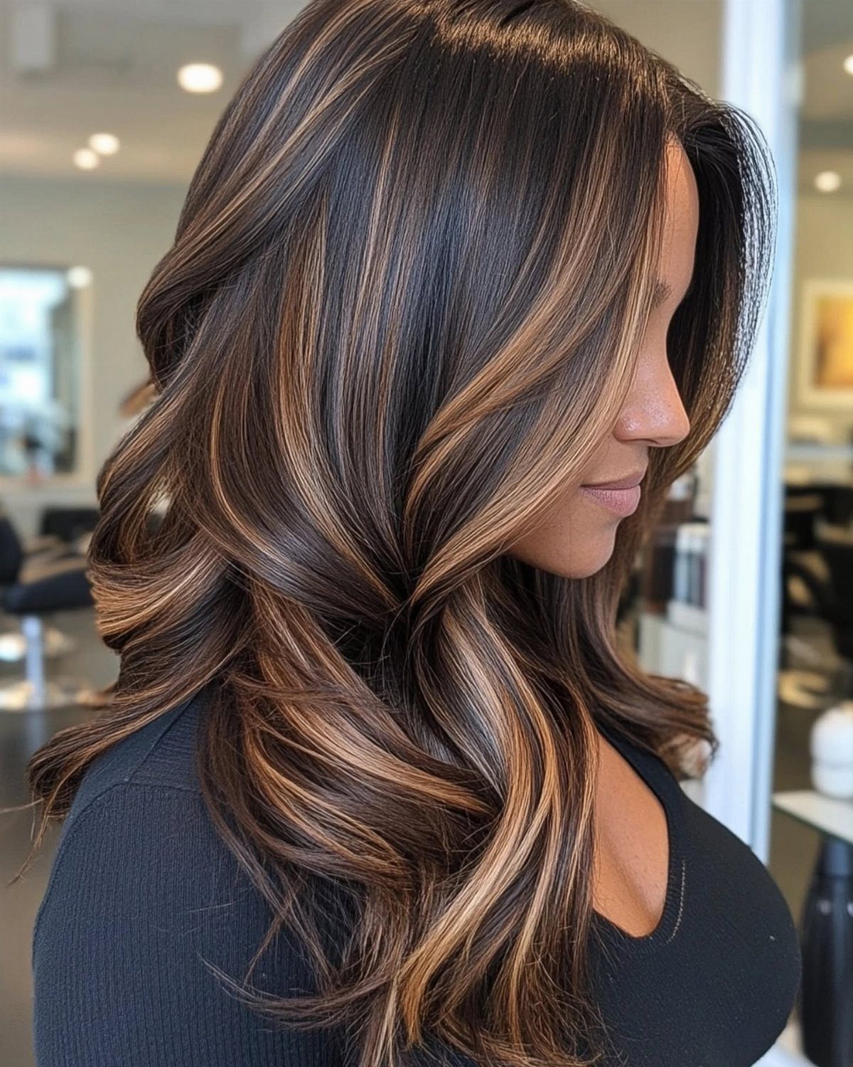Dark brown curls with light brown highlights frame a woman's face