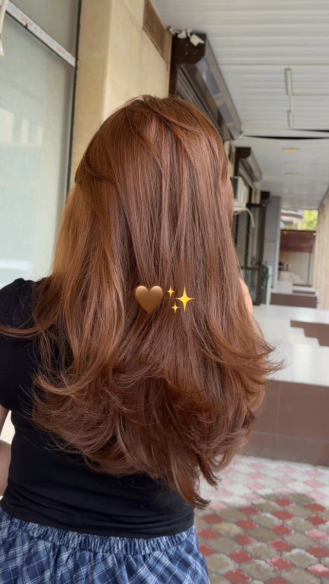 Layered auburn-brown hair with warm mahogany-red tones seen from behind