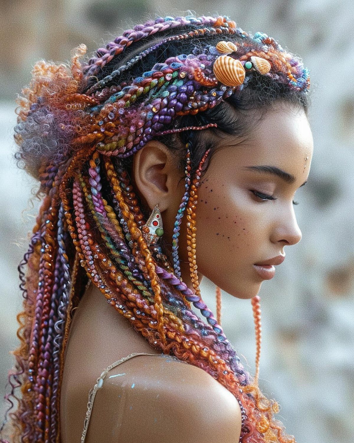 Woman wearing colorful box braids with beads and shells