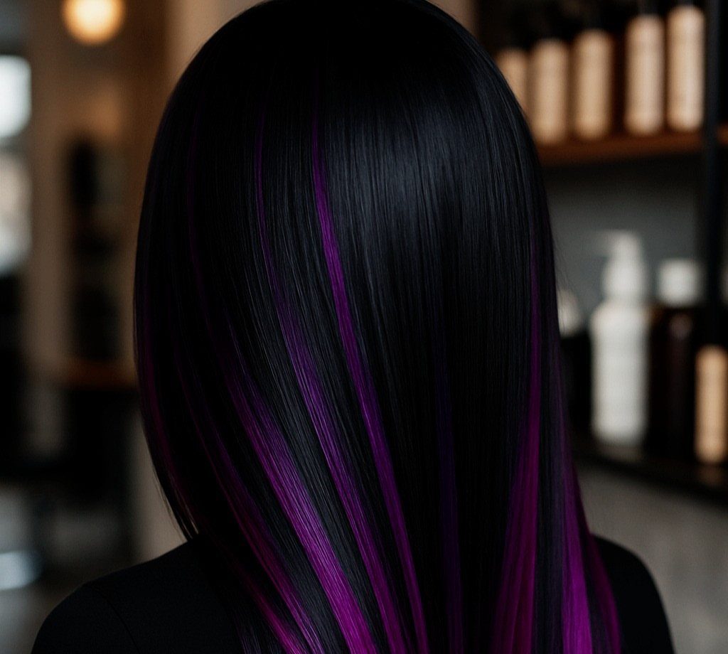 Long black hair with vivid purple highlights shown from behind