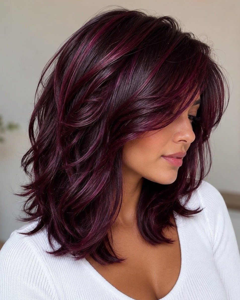 Woman with layered violet hair and burgundy highlights swept across her forehead