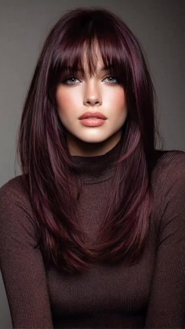 Woman with glossy plum-purple hair and straight bangs