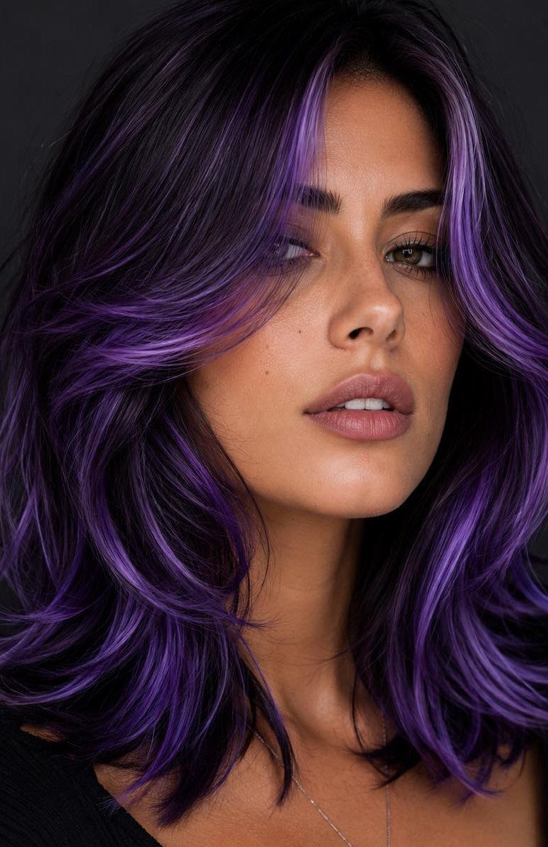 Woman posing with dark, wavy hair and vivid purple highlights