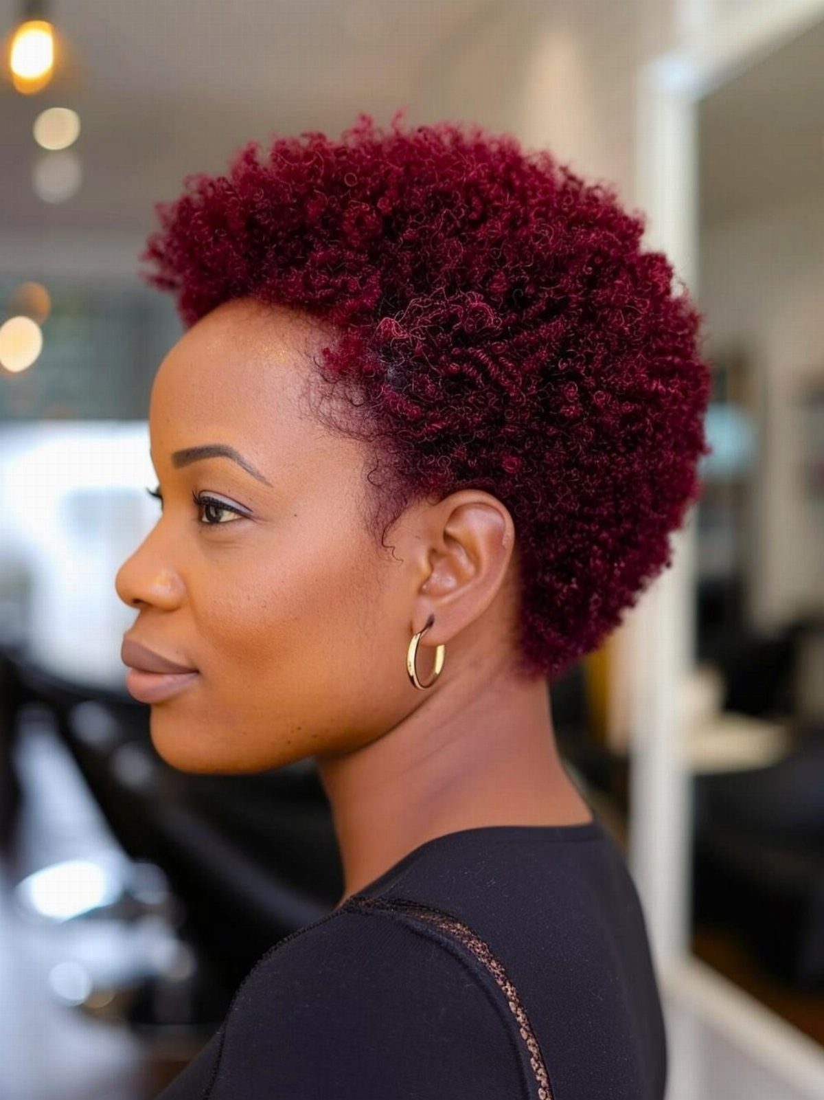 Woman with short, tightly coiled deep purple hair in profile
