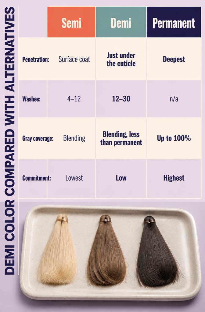 Beauty information graphic comparing semi demi and permanent hair color