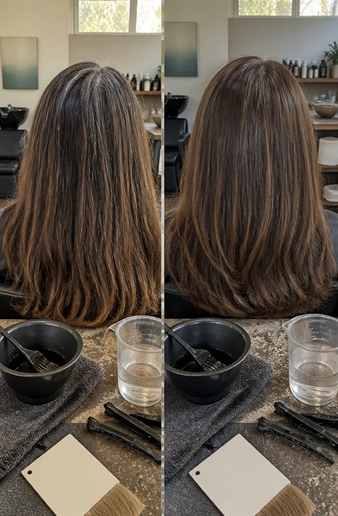 Gray hair showing the blended finish of demi-permanent color