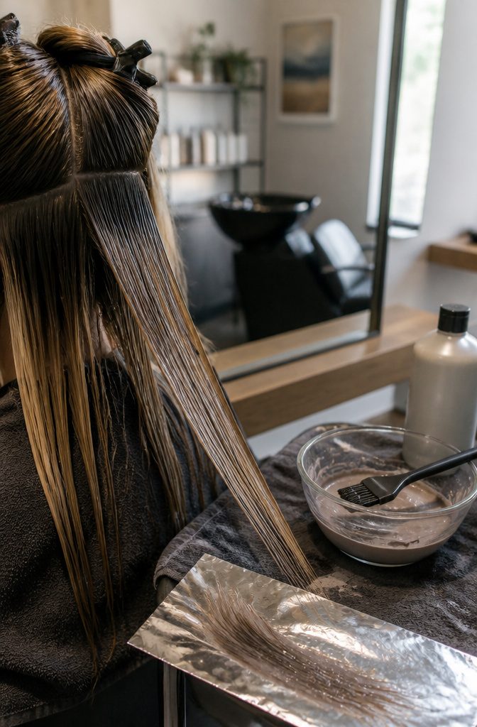Sectioned hair strands with translucent pigment beside a glass bowl and tint brush