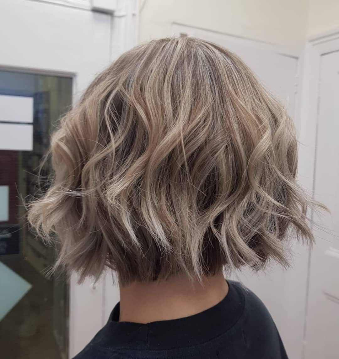 Short choppy wavy bob with smoky silver-gray and brown balayage