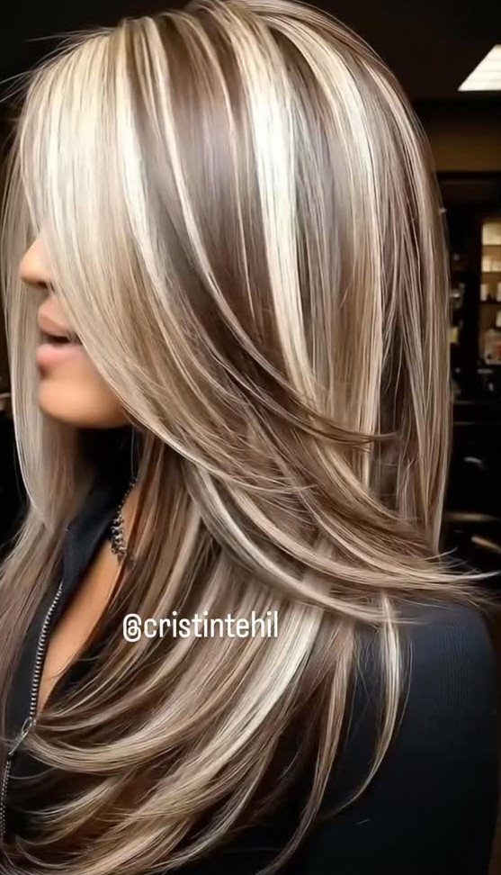 Long layered light brown hair with prominent platinum streaks and pale highlights