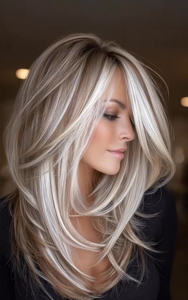 Woman with long, layered silver hair and sweeping bangs