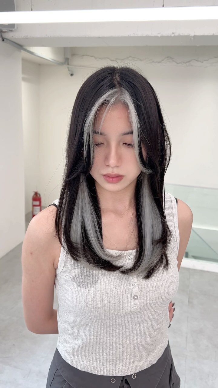 Woman showing long dark hair with prominent silver-gray streaks and lighter ends