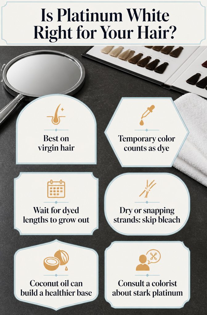 Platinum white hair graphic with notes on color and hair condition