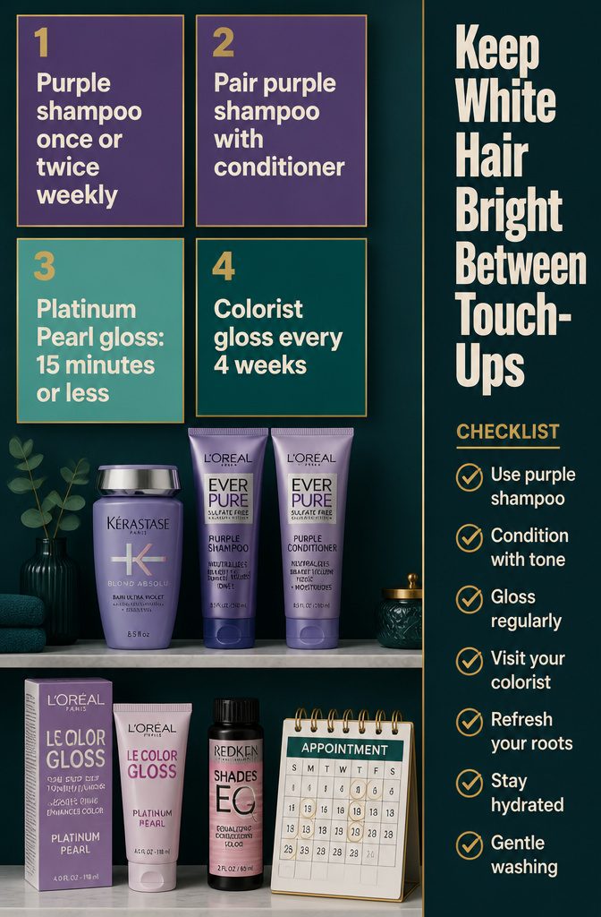 White hair care graphic with purple shampoo and toner products