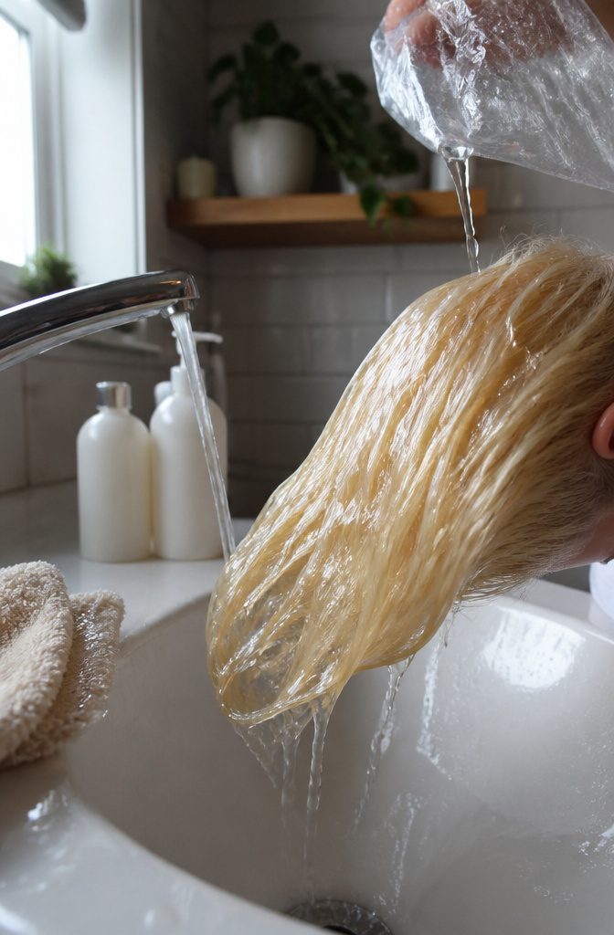 Damp pale-yellow hair rinsed over a basin beside a towel and shampoo