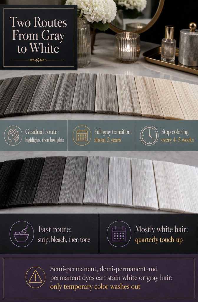 Gray hair transition graphic with gradual highlights and a one-session route
