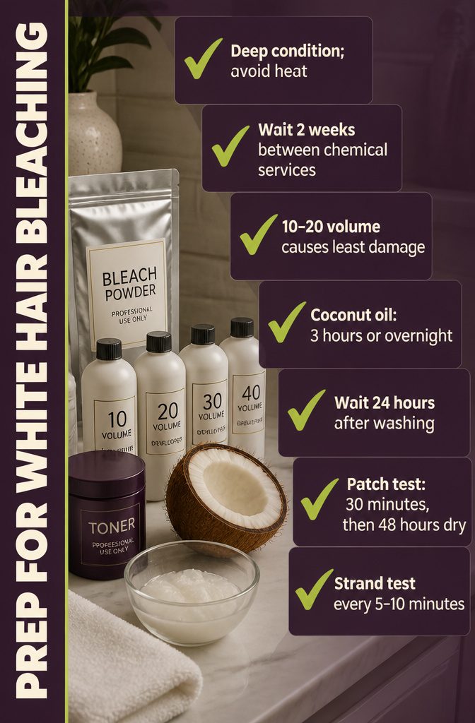Hair bleaching preparation graphic with supplies and care steps