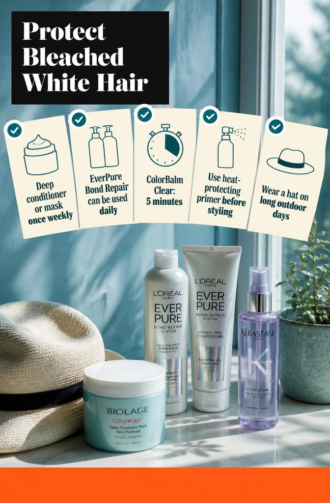 Bleached hair care graphic with conditioner and heat protection products