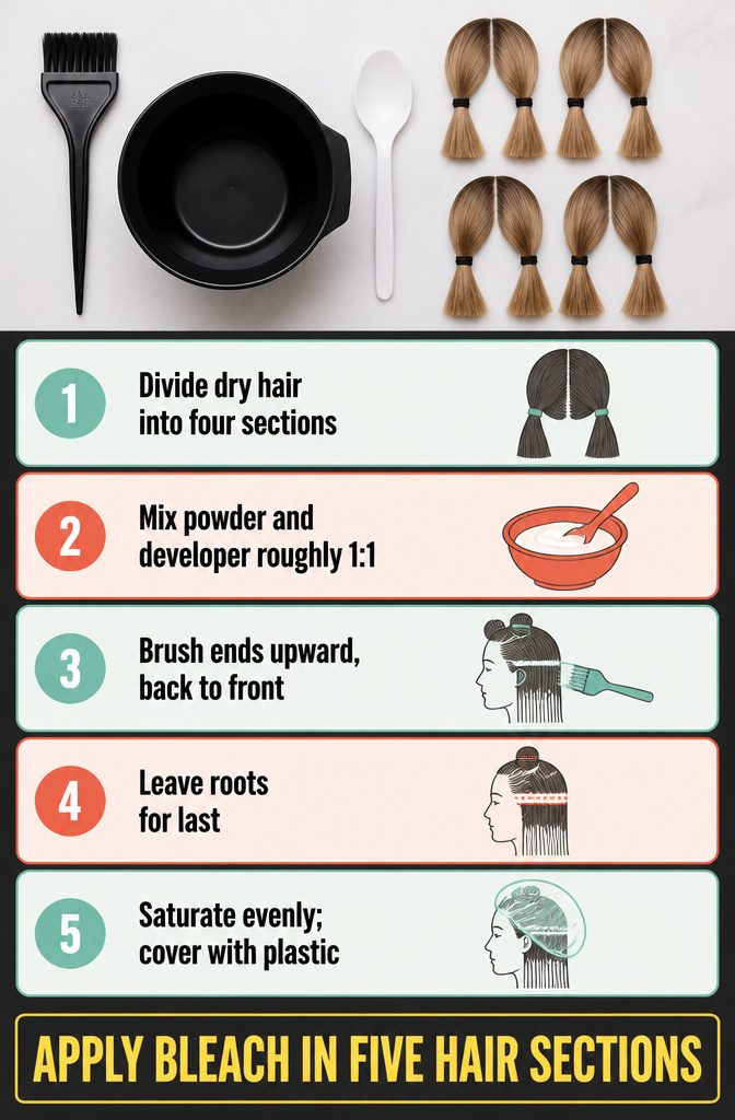 Hair divided into sections for applying bleach from ends upward