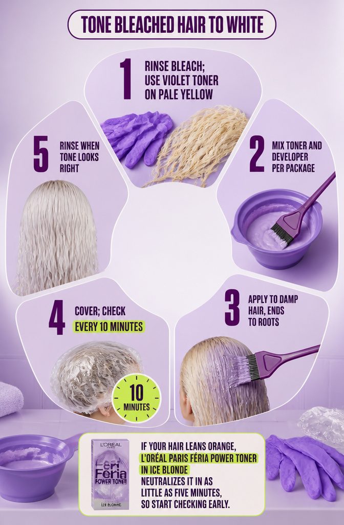 Toner application steps beside an illustration of bleached hair