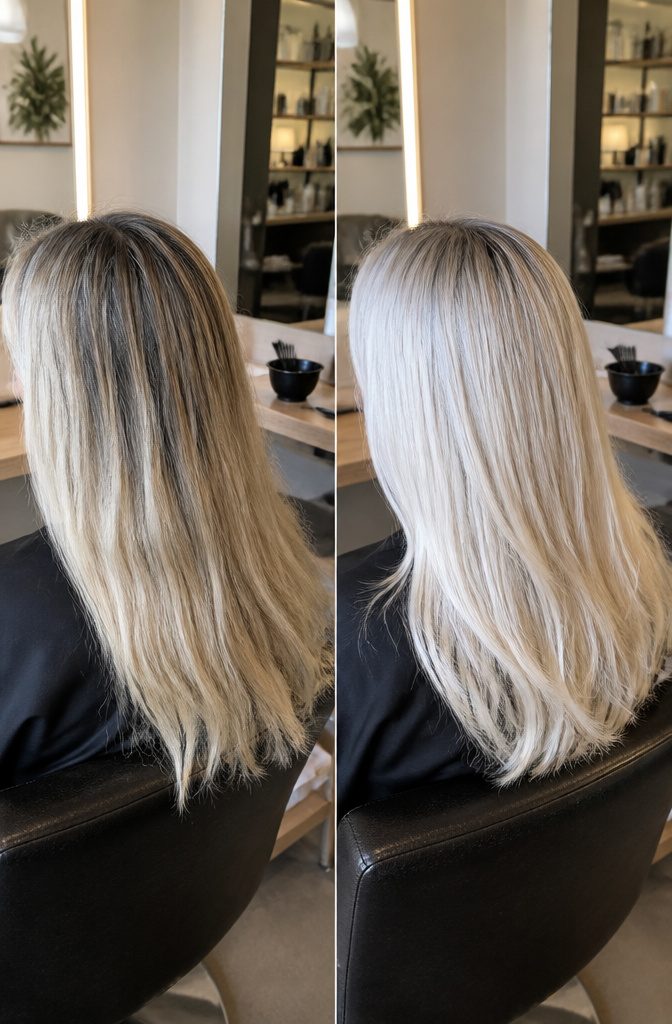 White hair variations with dark roots and wheat-colored and black contrasts