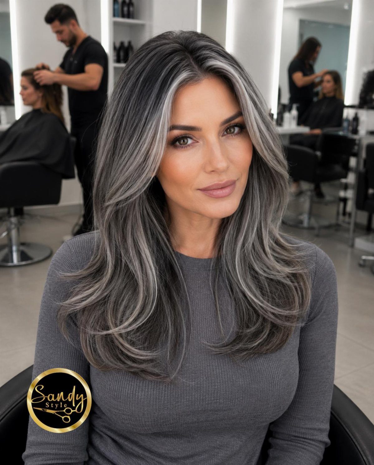 Woman with long charcoal-gray balayage hair poses in a bright salon
