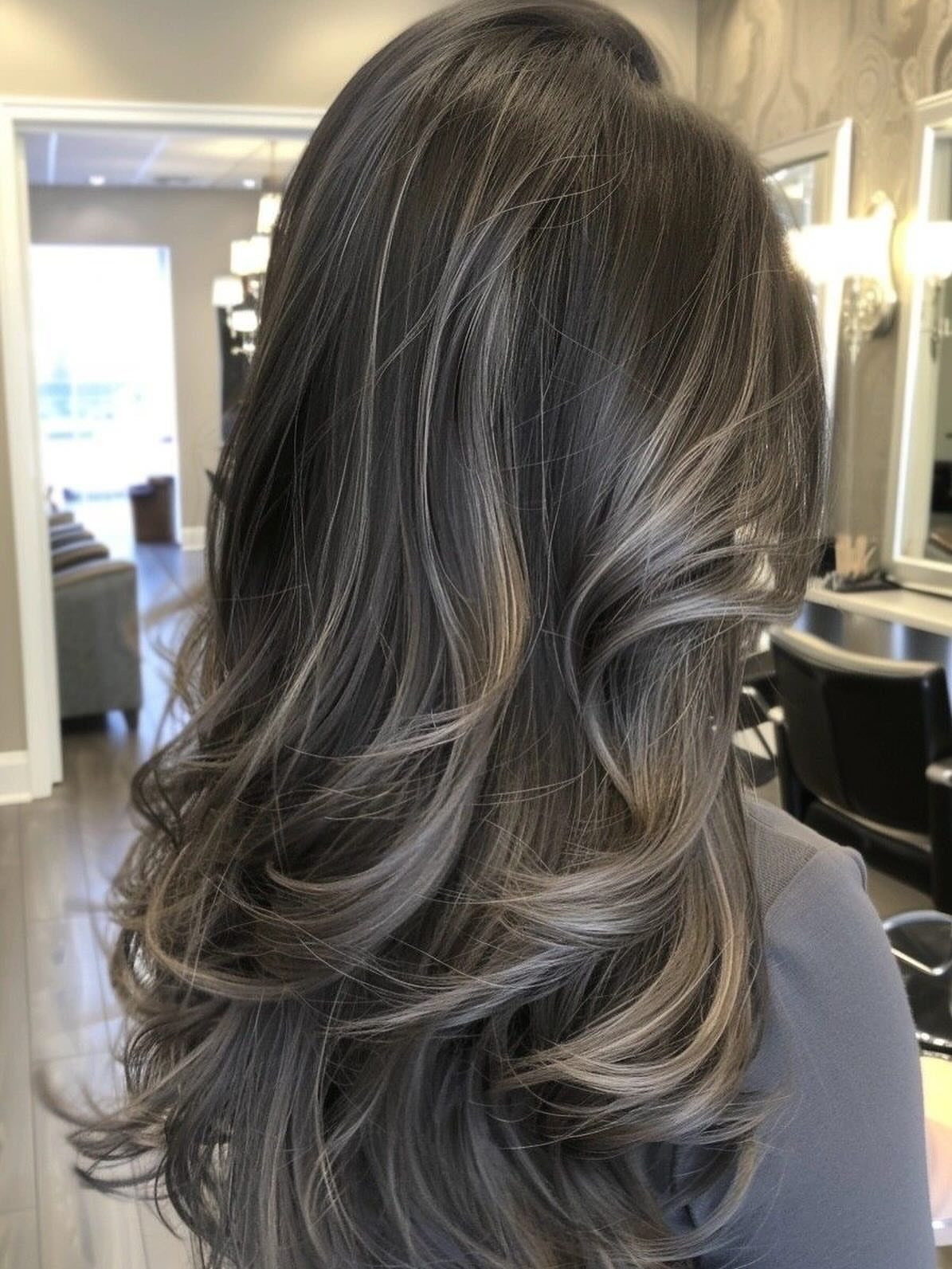 Layered graphite-gray hair with silvery streaks and curled ends in a salon
