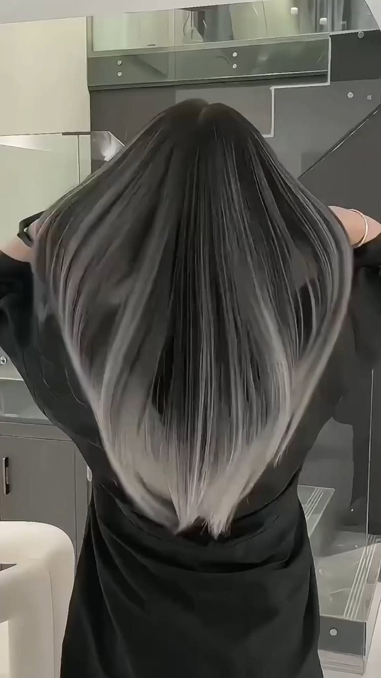 Long glossy charcoal-gray hair with silver strands and pale tips in a salon