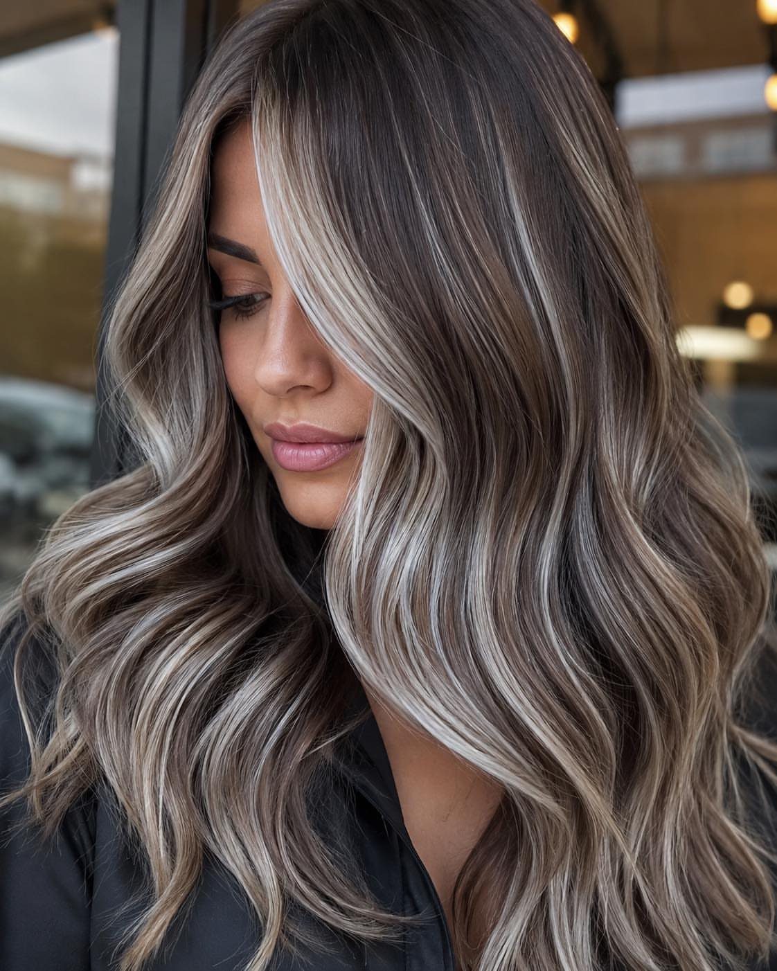 Woman with long wavy pearl-gray hair and prominent silver strands