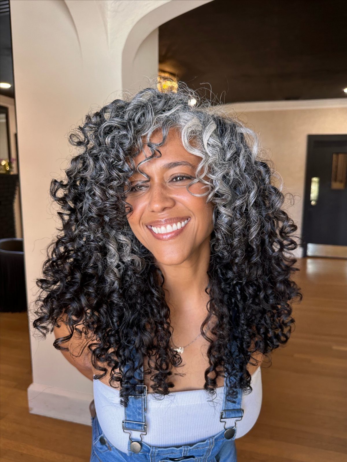 Woman with dark curls and prominent silver-gray strands framing her face