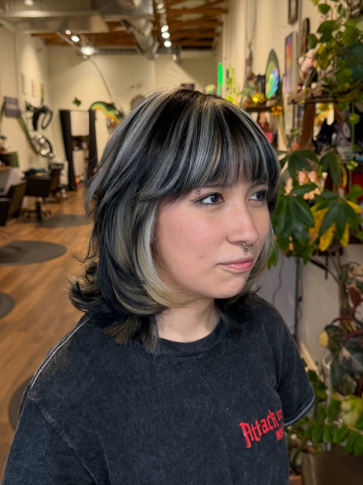 Black hair with bold silver-white streaks through the bangs and face-framing sections