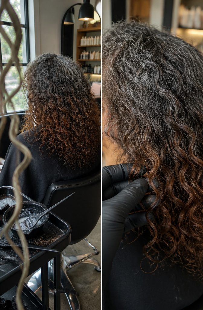 Woman with silver roots growing through darker curly hair