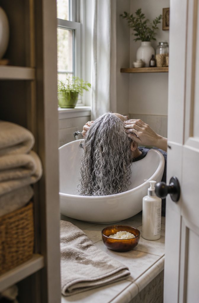 Silver curly hair being co-washed at a basin with conditioner nearby