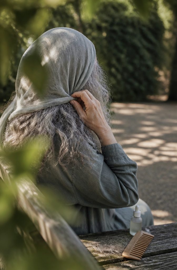Gray curly hair and scalp care products beside a silver-haired head