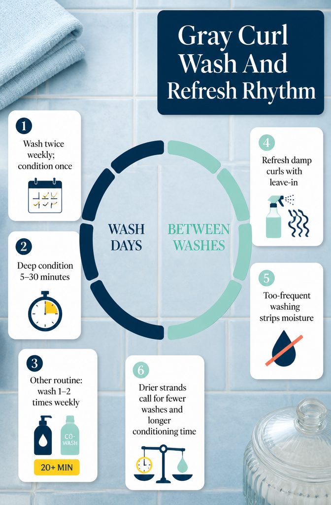 Gray curly hair wash and refresh schedule with conditioning steps