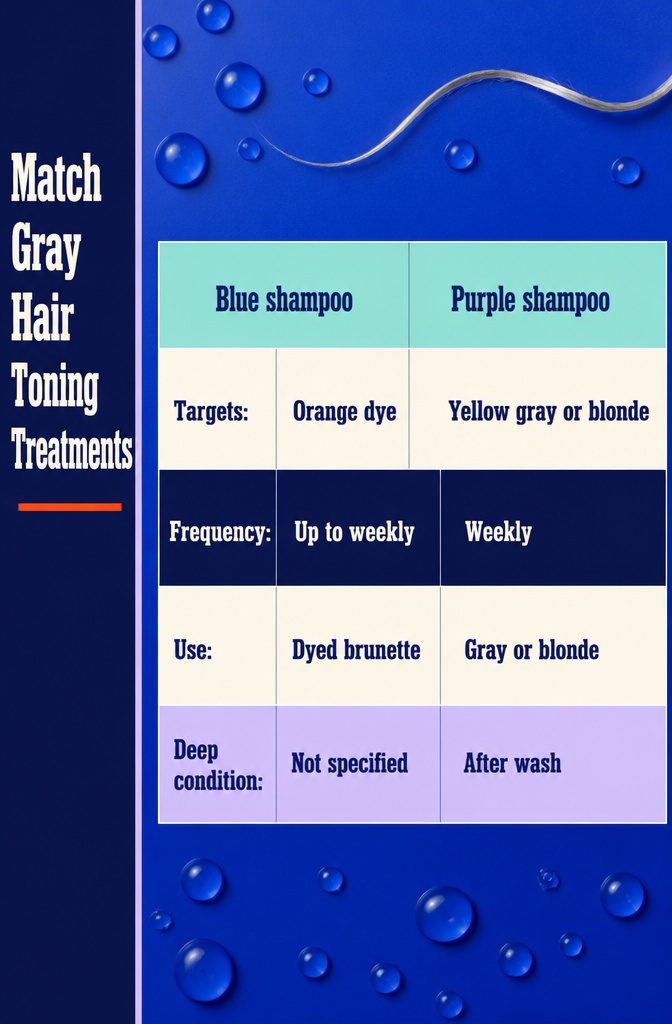 Gray hair toning guide with blue purple and detox shampoo options
