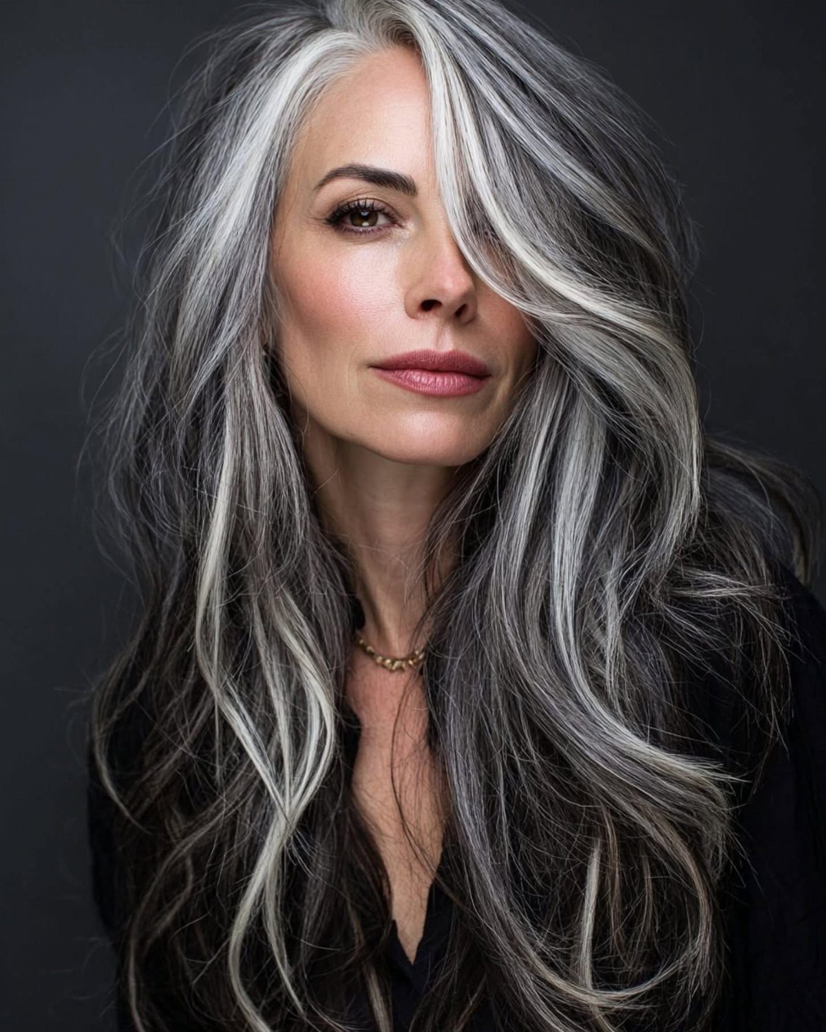 Woman with long dark hair blended with silver and gray strands