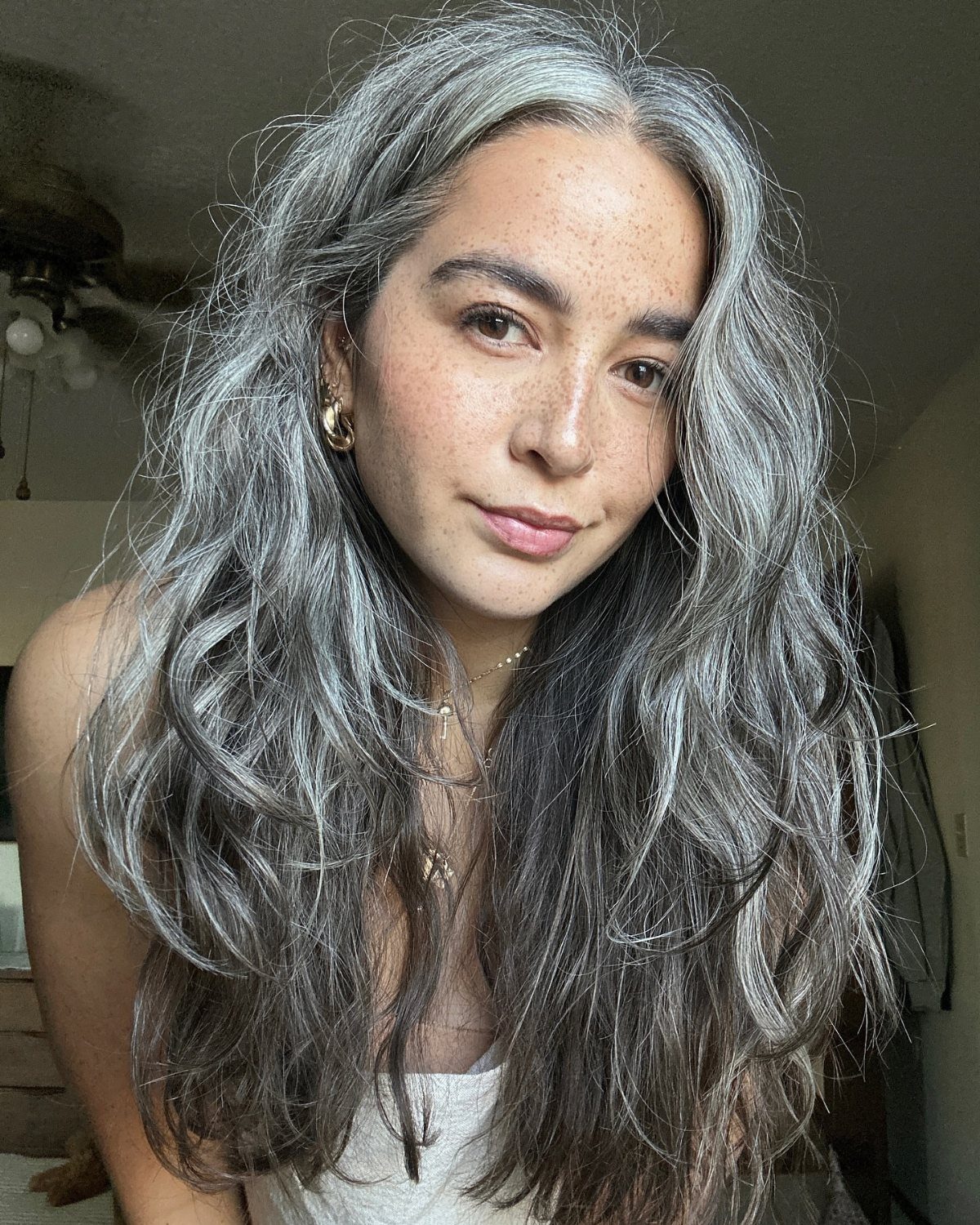 Woman with long dark wavy hair and prominent silver-gray streaks