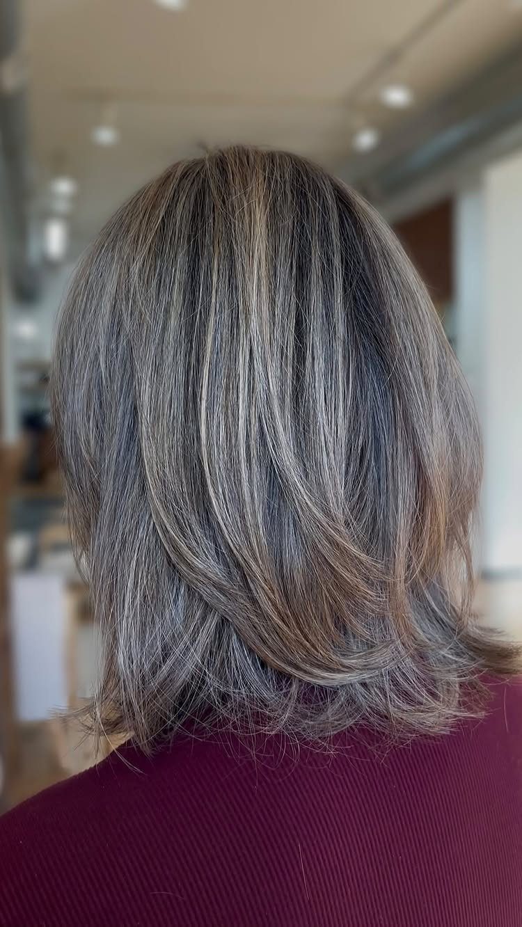 Shoulder-length salt-and-pepper hair with silver strands viewed from behind in a salon