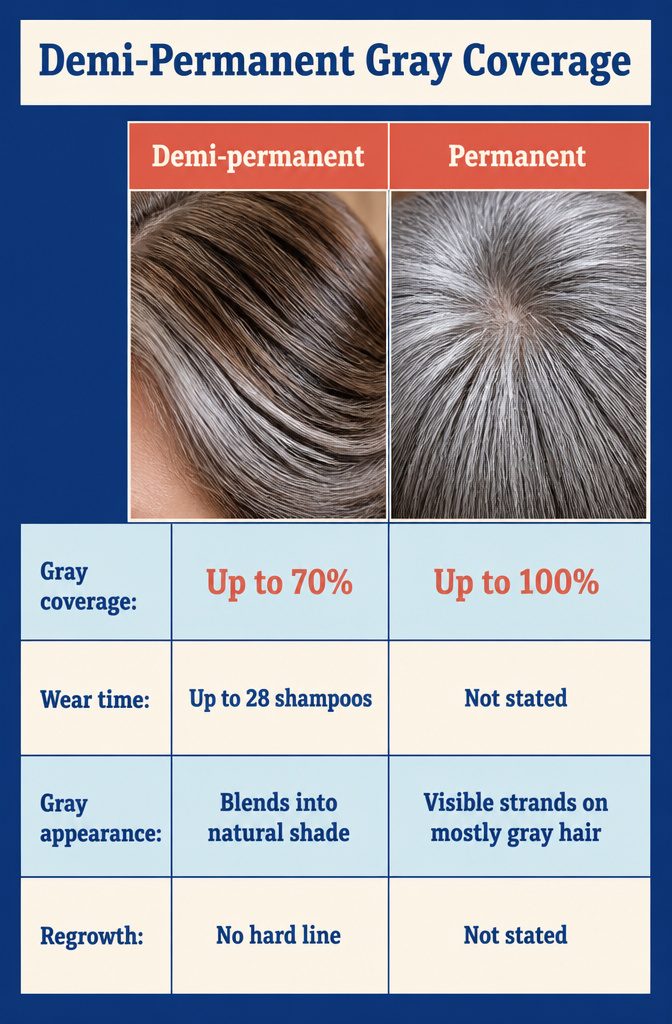 Demi-permanent color bottle beside hair with blended gray strands