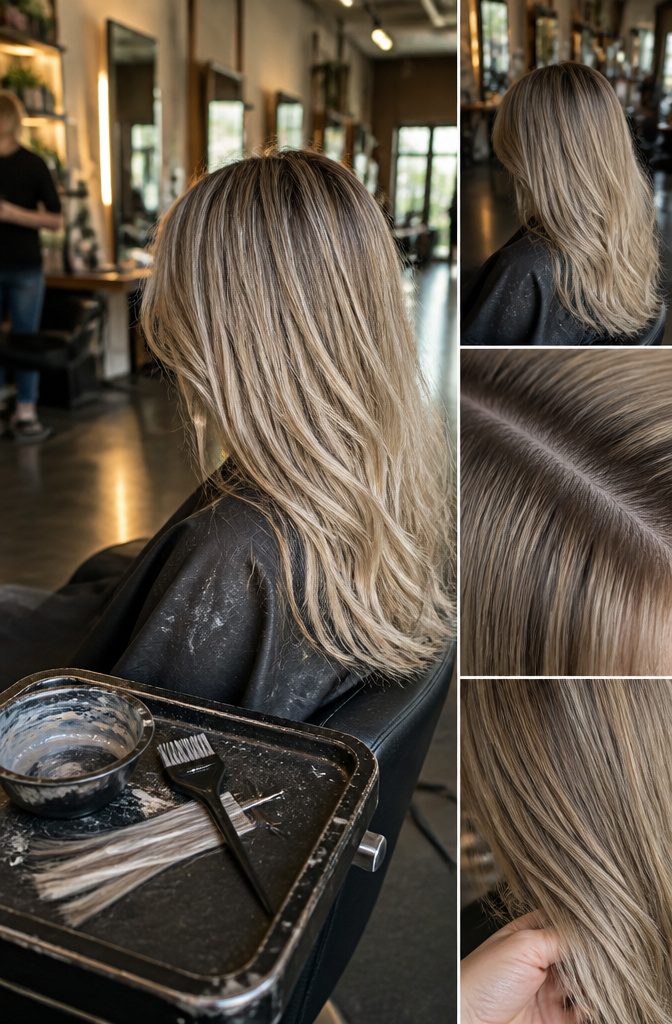 Light hair with highlights lowlights root shadow and blending brush