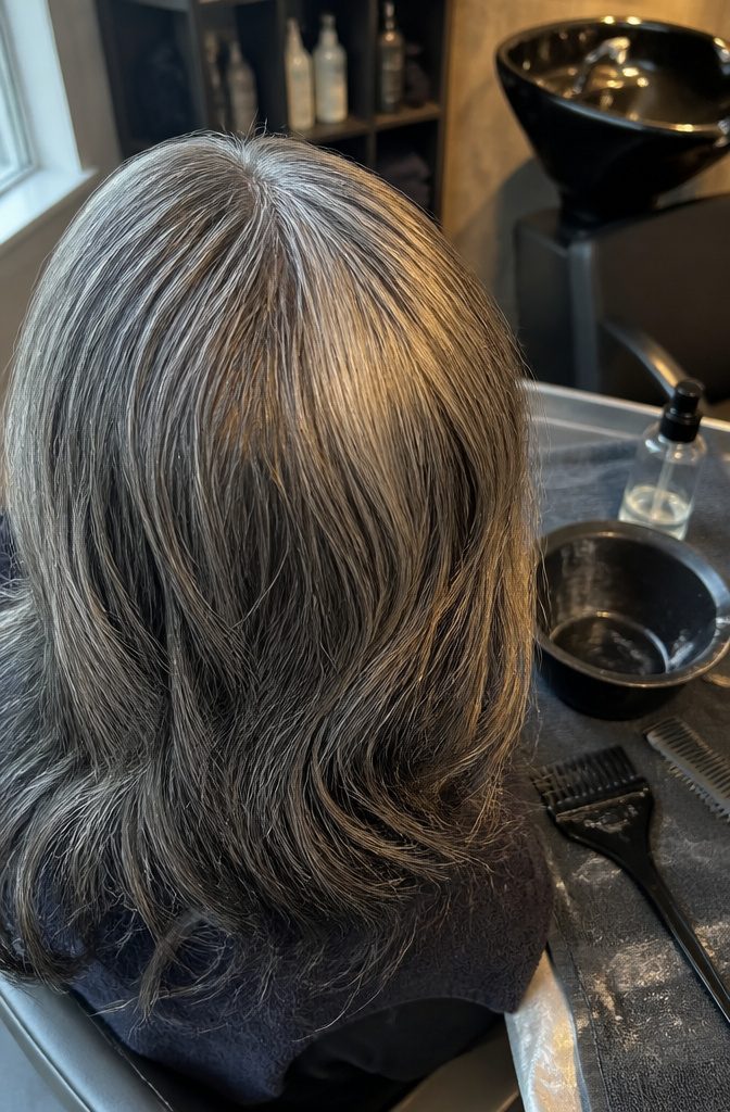 Hair color gloss bottle beside softly blended gray strands