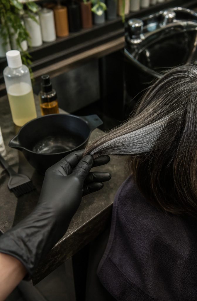 Gloved hand holding silver hair beside mixing bowl and color brush