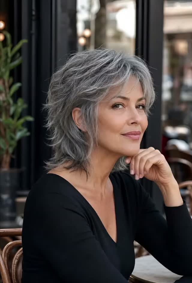 Woman showing layered silver-gray hair with soft waves and healthy-looking texture