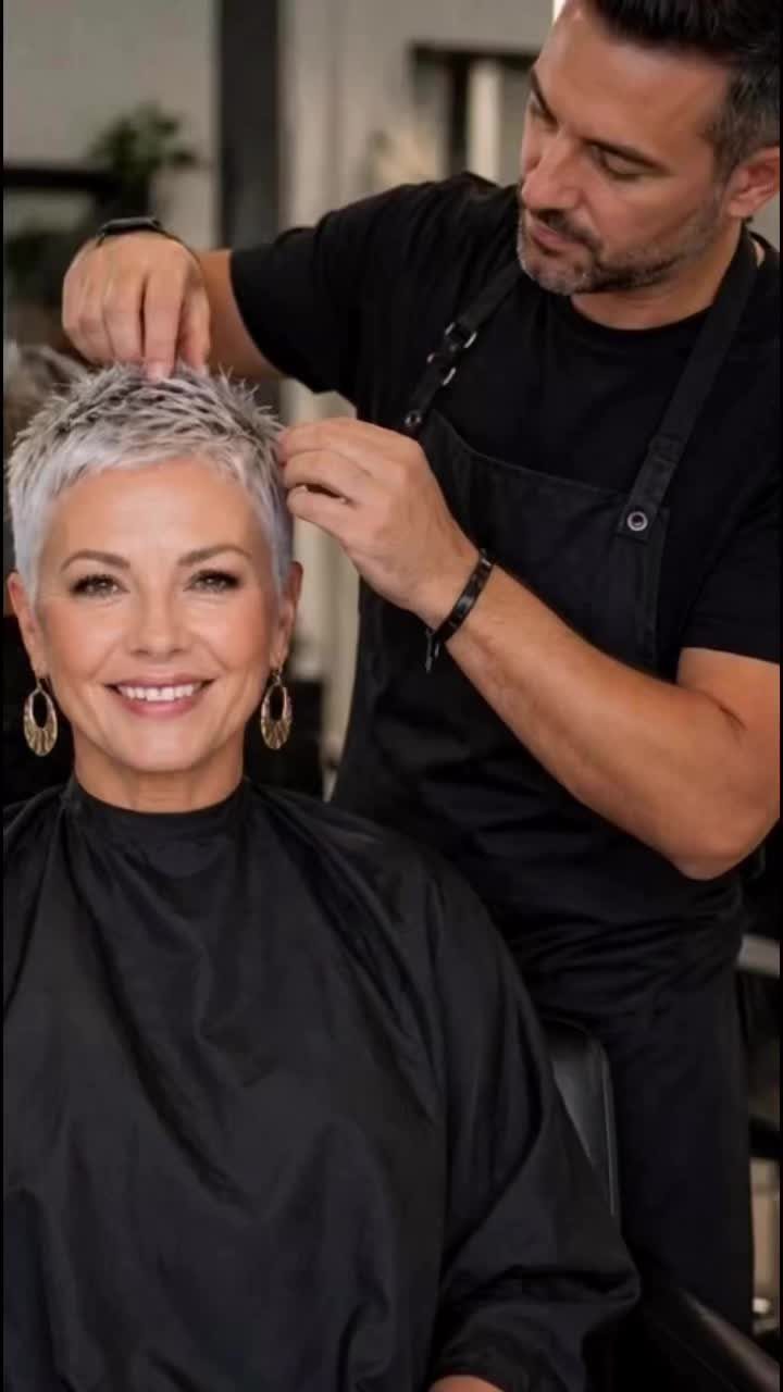 Woman with a short textured silver-grey pixie cut seated in a salon