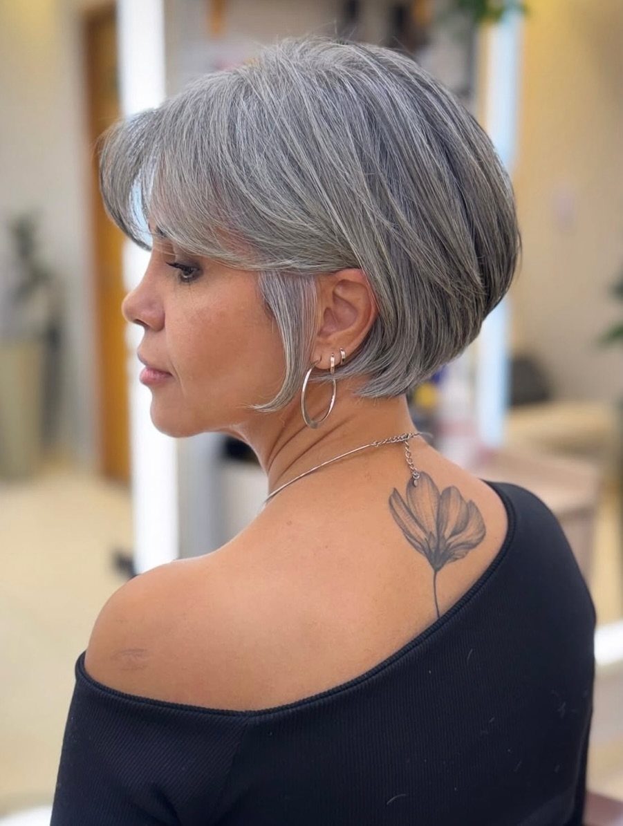 Woman showing a silver-grey bob with a long side-swept fringe