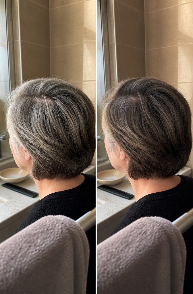 Front hairline with gray still visible among tinted strands