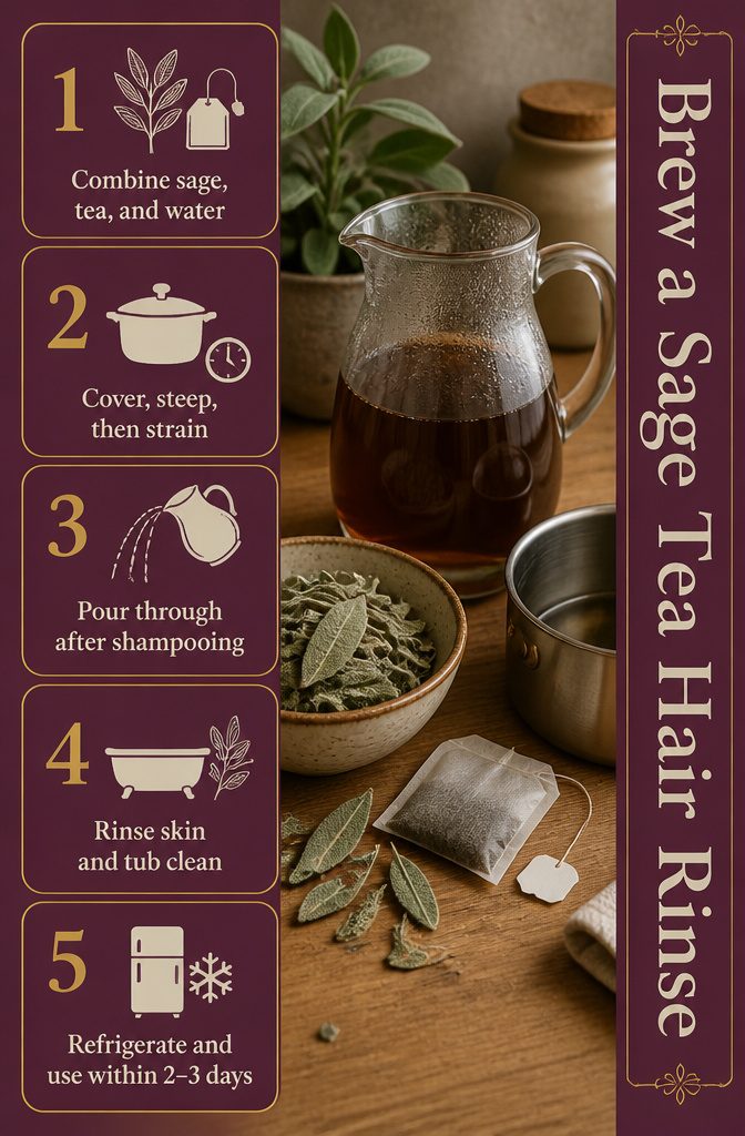 Sage leaves and a black tea bag beside a cup of brewed rinse